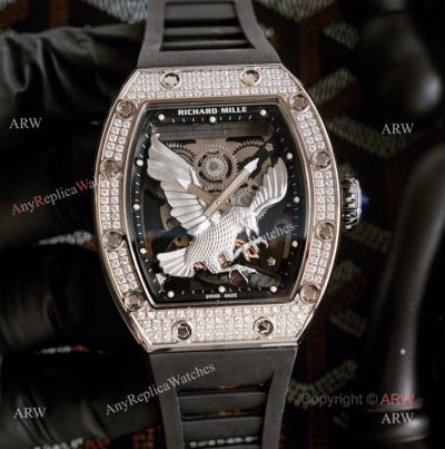 Limited Richard Mille Eagle Copy Watch With Silver Diamonds Black Rubber Band For Men 